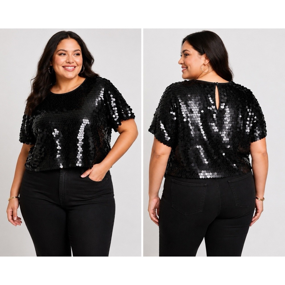 A New Day Black Sequin Top Womens XXL Short Sleeve Keyhole Back NWT
